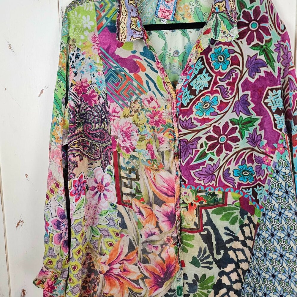 Johnny Was Patchwork Floral Button Down Blouse Bo… - image 3